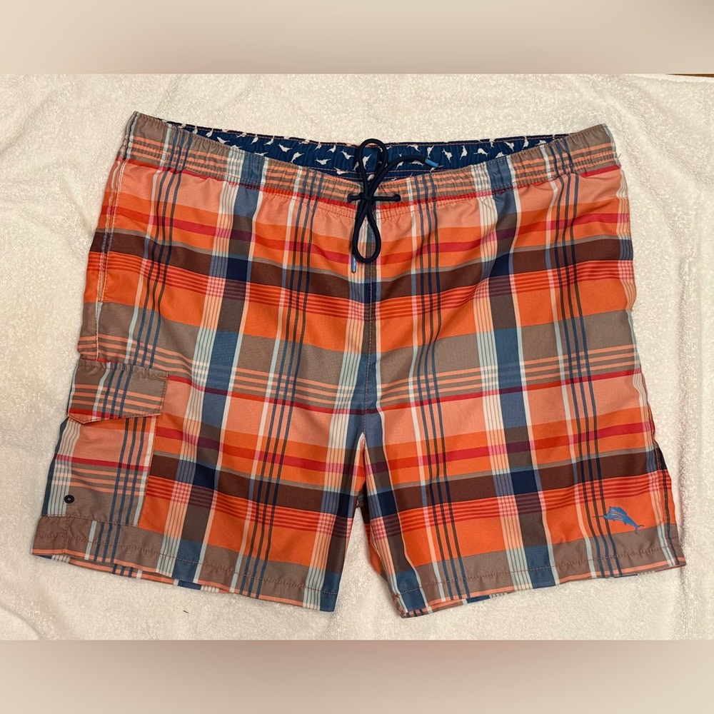 Tommy Bahama Men's L Plaid Swim Shorts Orange and Blue
